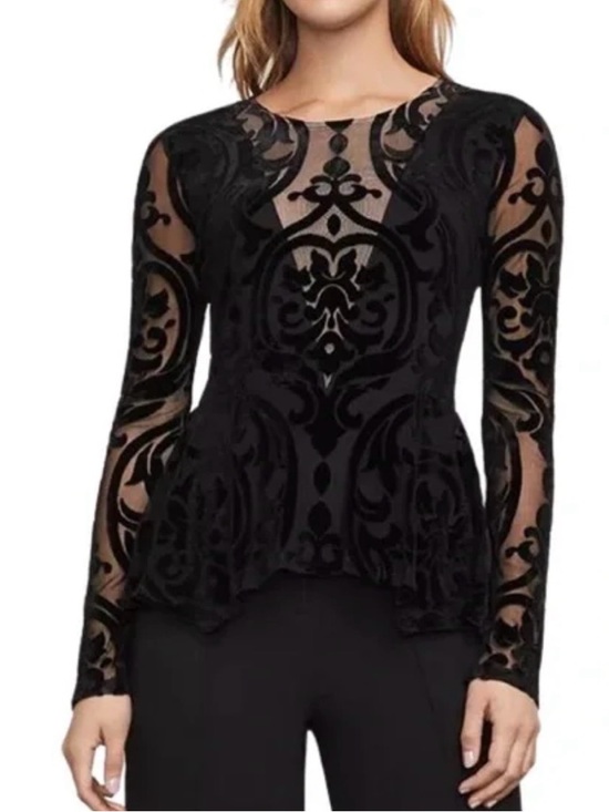BCBGMaxAzria Tops - BCBGMaxAzria Black Sheer Burnout Peplum Blouse